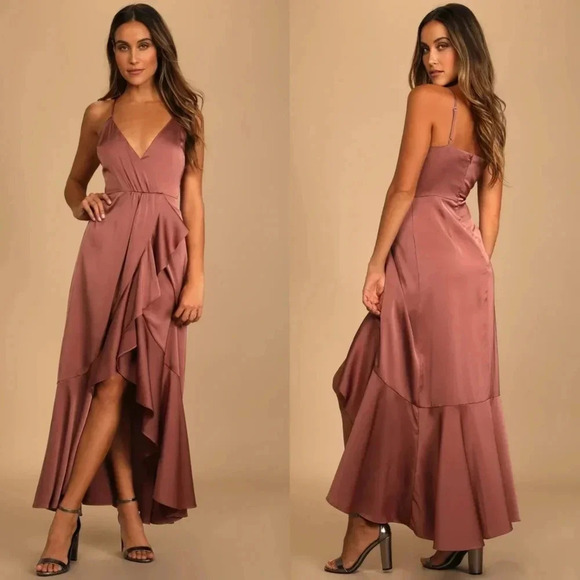 Lulu's Enchanted Moments Mauve Pink Satin Ruffled High-Low Dress Maxi Wedding - Picture 1 of 9